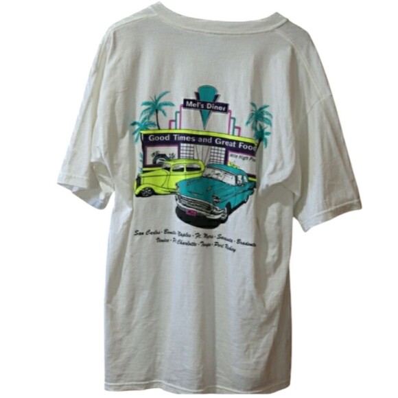 Gildan Vintage Mel's Diner White T-shirt Back Graphic Old Classic Cars LG - Picture 1 of 16